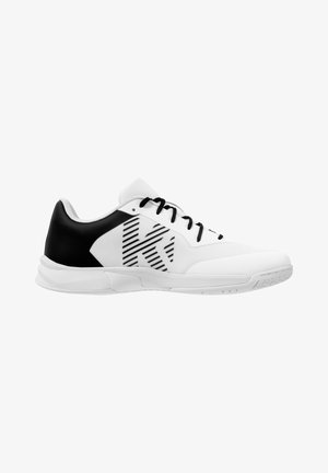 White athletic shoe with a black heel, mesh upper, black laces, and a patterned graphic on the side. Textured sole for traction.