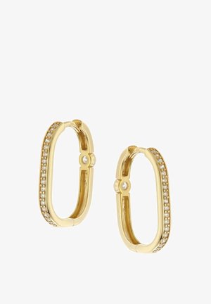 Gold hoop earrings with an elongated oval shape, featuring a row of small clear stones along one side for added detail and sparkle.