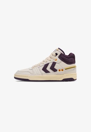 High-top sneakers in cream leather with dark purple suede accents, featuring a yellow stripe, rubber outsole, and diagonal logo detail.