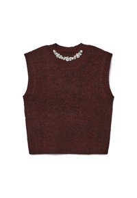 Bordeaux gestrickter ärmelloser Pullover mit strukturiertem Finish und verziertem Ausschnitt, der florale Muster in silbernen Tönen aufweist.