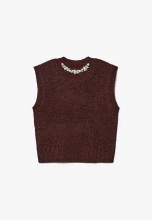 Burgundy knitted sleeveless sweater with a textured finish and embellished neckline featuring floral designs in silver tones.