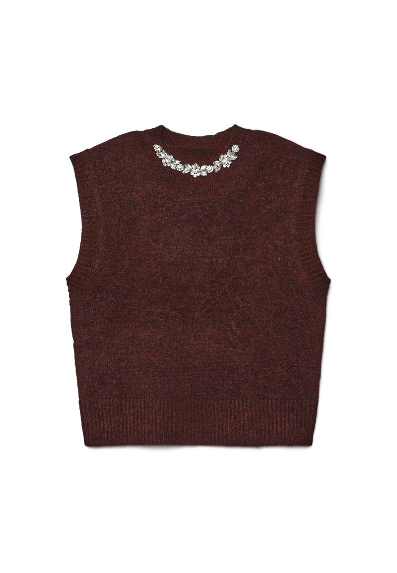 Bordeaux gestrickter ärmelloser Pullover mit strukturiertem Finish und verziertem Ausschnitt, der florale Muster in silbernen Tönen aufweist.