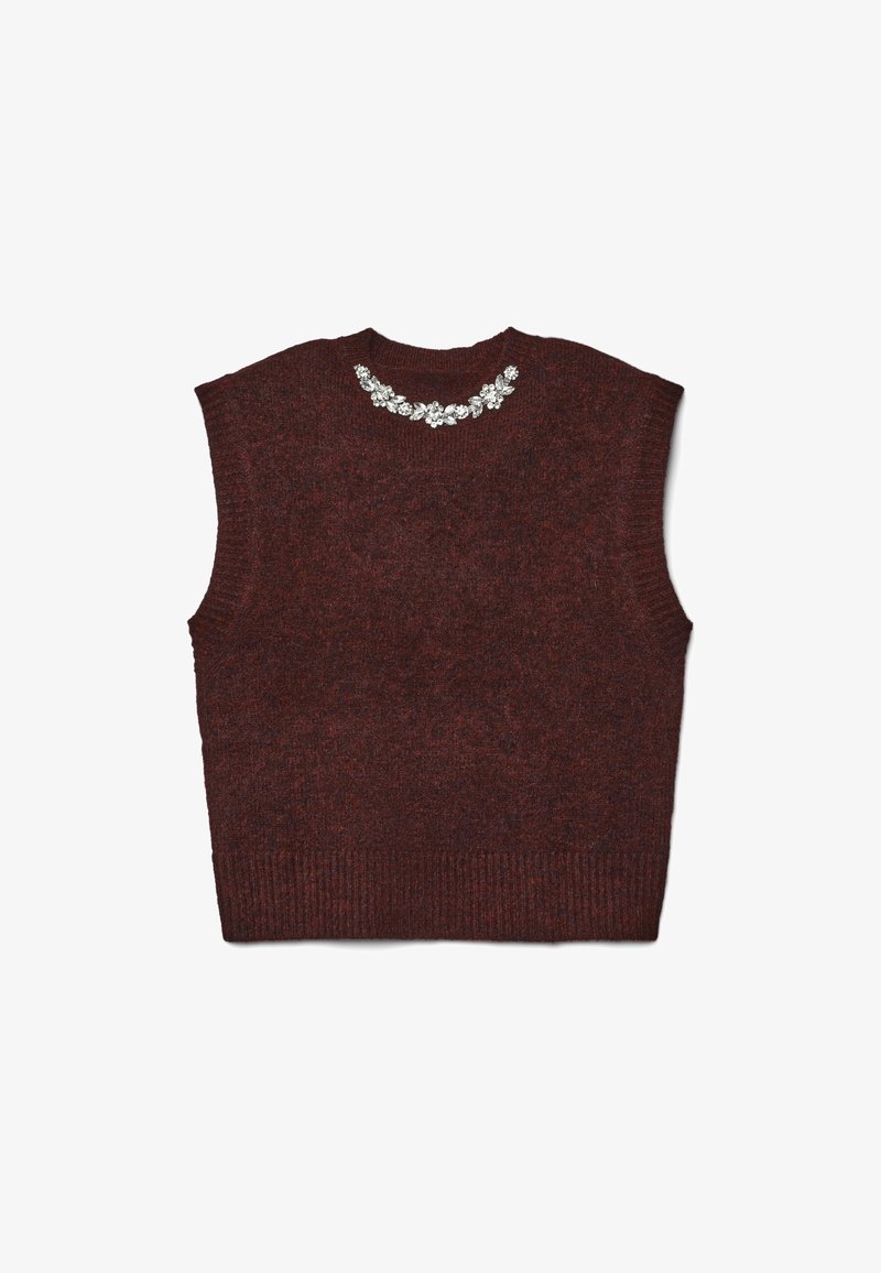 Bordeaux gestrickter ärmelloser Pullover mit strukturiertem Finish und verziertem Ausschnitt, der florale Muster in silbernen Tönen aufweist.