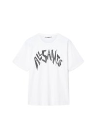 T-shirt bianca in cotone con maniche corte, caratterizzata da una graziosa grafica nera con il testo "ALLSAINTS" in un design angolare sulla parte anteriore.