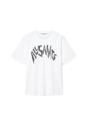 Weißes Baumwoll-T-Shirt mit kurzen Ärmeln, das mit einem kräftigen schwarzen Grafiktext "ALLSAINTS" in einem kantigen Design über der Brust versehen ist.