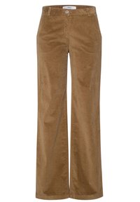 Bruna kordfløyelsbyxor med vida ben, slät front, knappstängning och två sidfickor. Texturerad tyg med vertikala ribbor.
