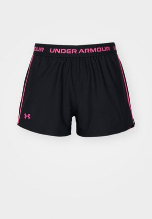 Černé sportovní šortky vyrobené z prodyšného materiálu, s širokým růžovým pasem se znakem "UNDER ARMOUR" a růžovými bočními pruhy.