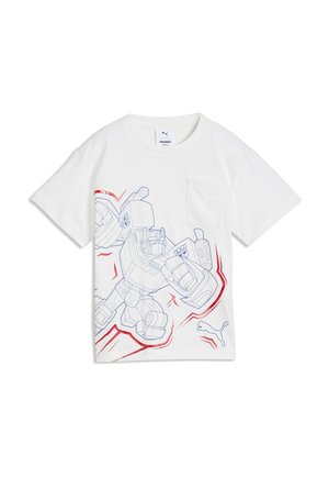 Hvid kortærmet skjorte med lomme foran og en blå og rød linjetegning af en robot i en dynamisk actionpose med Puma-logo.