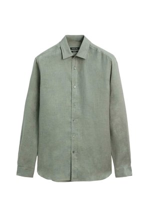 Light green long-sleeve shirt made of linen. Features a pointed collar, front button closure, and single cuffs with a smooth texture.
