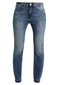 Modré džíny z denimu s přiléhavým střihem, vysokým pasem, pěti kapsami, jemným opotřebením a zúženým lemem u kotníku.