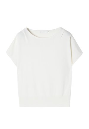 Weißes Kurzarmoberteil aus Strickstoff mit rundem Halsausschnitt und eng anliegendem Bund. Schlichtes Design, nahtlose Schultern und weicher Stoff.