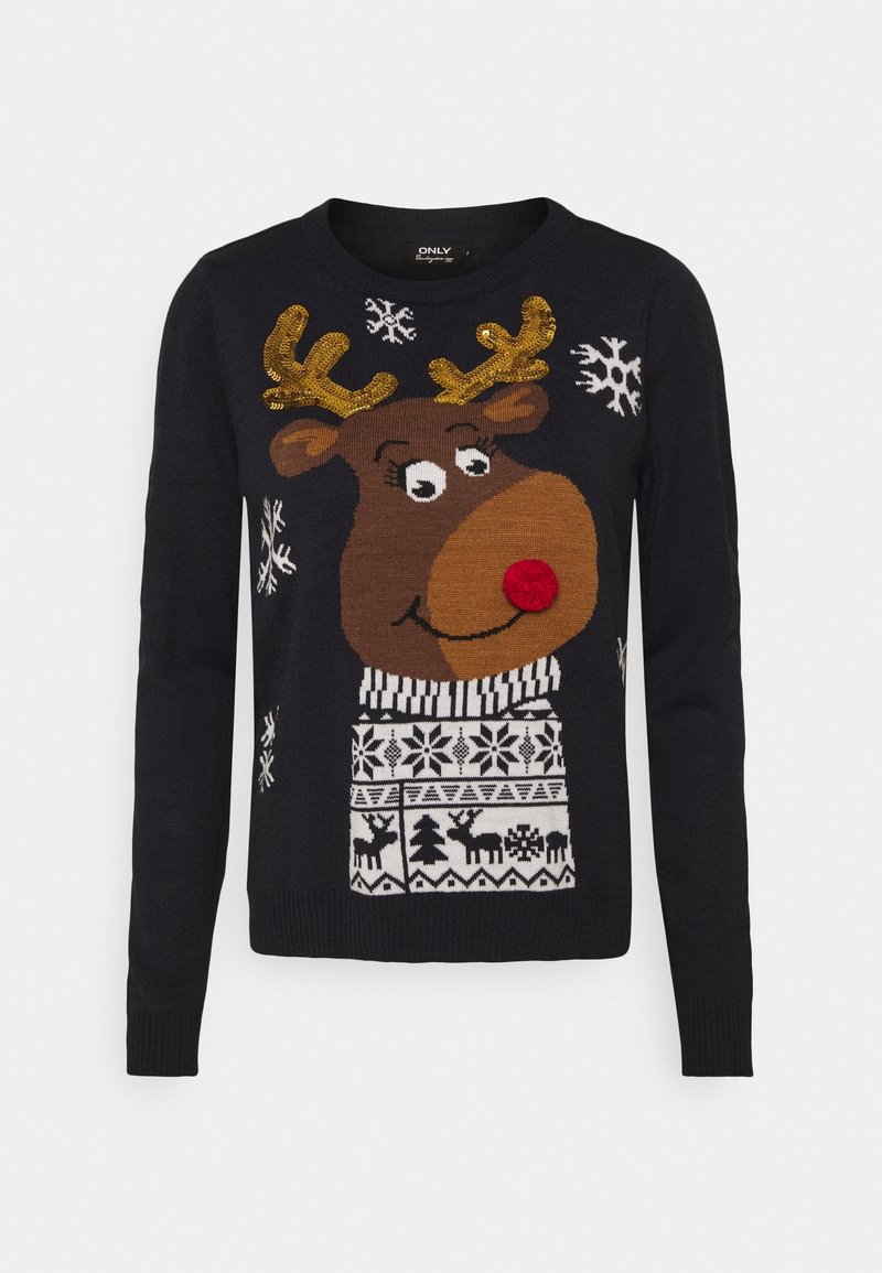 Svart tröja med ett renmotiv som har en röd näsa, guldprickade horn och snöflinge-mönster. Stickad med vita detaljer i fållen.