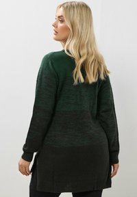 Pitkähihainen neulepaita tummanvihreän ja mustan sävyn väri-gradientilla, jossa on ribbaustekniikalla viimeistellyt hihansuut ja sivuhaalareiden vuorottelevat halkiot liikkuvuuden parantamiseksi.