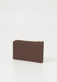 Brown leather wallet with a zip closure, featuring multiple card slots and contrasting stitching. Rectangular shape with a smooth texture.