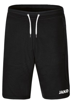 Zwarte sportshorts van zachte stof, met een tailleband met trekkoord, zijzakken en een wit "JAKO"-logo op het been.