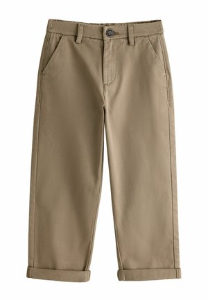 Khaki chinos with a straight leg design, featuring two front pockets, a button closure, and rolled cuffs. Smooth cotton fabric, no patterns.