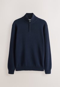 Marineblauer Langarmpullover mit geripptem Kragen, Bündchen und Saum, mit einem halben Reißverschluss am Hals.