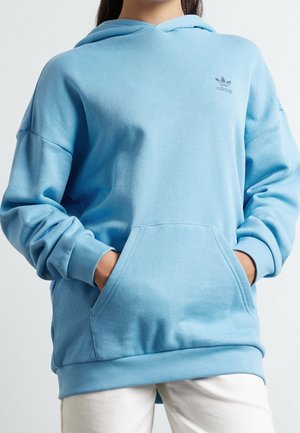 Hellblauer übergroßer Hoodie aus weichem Stoff mit einer Vordertasche, gerippten Bündchen und einem kleinen Logo auf der Brust.