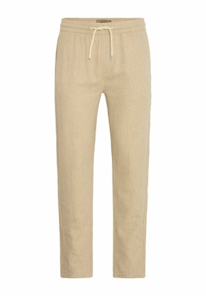 Beige Leinenhose mit einem Kordelzugbund, geraden Beinen und einer strukturierten Oberfläche. Mit dezenten Nähdetails ausgestattet.