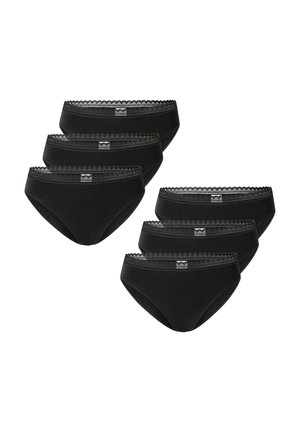 Black cotton bikini briefs, pack of six, features lace trim at the waist and a small brand tag. Smooth texture, classic design.