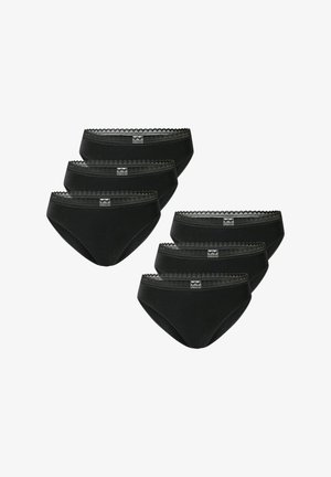 Schwarze Baumwoll-Bikini-Briefs, im Sechserpack, mit Spitzendetails am Bund und einem kleinen Markenschild. Glatte Textur, klassisches Design.