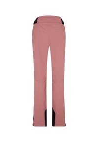 Pantaloni impermeabili rosa con taglio dritto, caratterizzati da dettagli neri all'orlo e ai lati, e una cintura trapuntata per un comfort aggiuntivo.