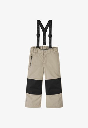 Beżowe spodnie śniegowe z regulowanymi czarnymi szelkami. Posiadają zamykaną na zamek kieszeń oraz czarną sekcję na kolanach. Wykonane z materiału wodoodpornego.
