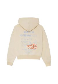 Sudadera con capucha beige con cordón, con texto y gráficos en azul y naranja en la parte trasera. Tela suave con un diseño de ajuste relajado.