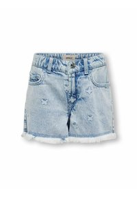 Ljusblå denimshorts med fjärilsbroderi, fransad fåll och frontknäppning. Har en klassisk femfickdesign.