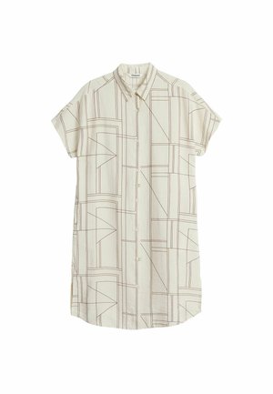 Korte mouw knoopshirt van crèmekleurige stof met geometrische bruine lijnpatronen, voorzien van een traditionele kraag en een rechte snit.