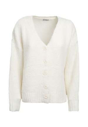 Cardigan bianco lavorato a maglia con scollatura a V, chiusura frontale a cinque bottoni, orlo a coste e maniche ampie. Texture soffice e design leggero.
