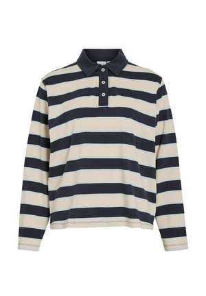 Polo à manches longues beige avec des rayures horizontales bleu marine et bleu clair. Il comporte un col et trois boutons au niveau de l'encolure.