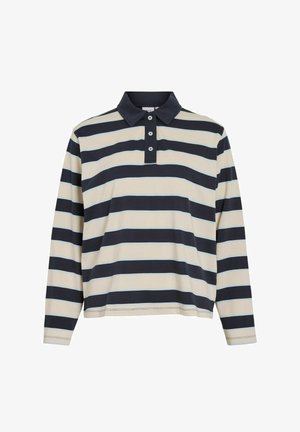 Polo à manches longues beige avec des rayures horizontales bleu marine et bleu clair. Il comporte un col et trois boutons au niveau de l'encolure.