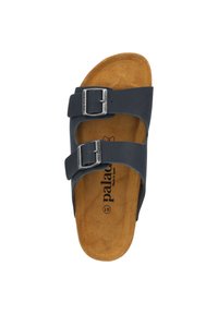 Black sandal with two adjustable straps, metal buckles, and a brown suede footbed. Lightweight design with contoured shape.