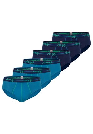 Sechs Herren-Slips in zwei Blautönen mit grünem "sloggi"-Logo auf dem Bund, in zwei Reihen vor weißem Hintergrund angeordnet.