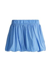 Blue mini skirt with white vertical stripes and gathered elastic waistband, featuring a puffed, voluminous silhouette.