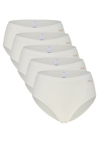 Verpakking van vijf witte katoenen slips met een gladde textuur, elastische tailleband en een klein logo aan de zijkant.