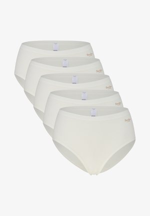 Pack of five white cotton briefs featuring a smooth texture, elastic waistband, and small logo detail on the side.