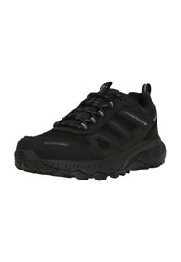 Schwarze wasserdichte Wanderschuhe mit Mesh-Obermaterial, strukturiertem Fersenbereich, dicker Gummisohle sowie kontrastierenden grauen Schnürsenkeln und Akzenten.