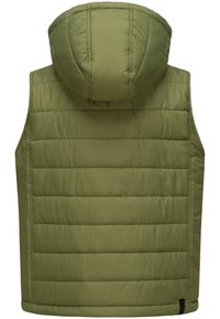 Gilet verde oliva con cappuccio, caratterizzato da un design trapuntato, cuciture orizzontali e una superficie liscia. Senza aperture o chiusure frontali.