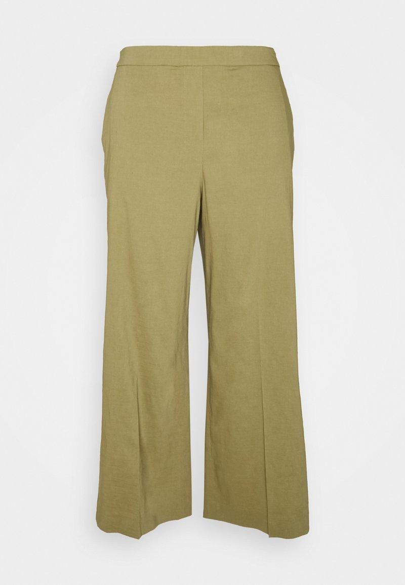 Pantalon à jambes larges de couleur kaki avec un devant plat et des détails de coutures subtiles présenté sur un fond blanc.
