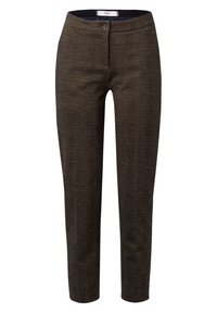 Pantalon à carreaux marron foncé avec une coupe droite, fermeture à boutons, et une texture lisse, fabriqué dans un tissu à motif subtil.