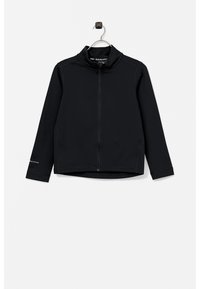 Zwarte zip-up jas met een hoge kraag, gemaakt van een gladde, rekbare stof. Heeft lange mouwen en een subtiele logo op de manchetten.