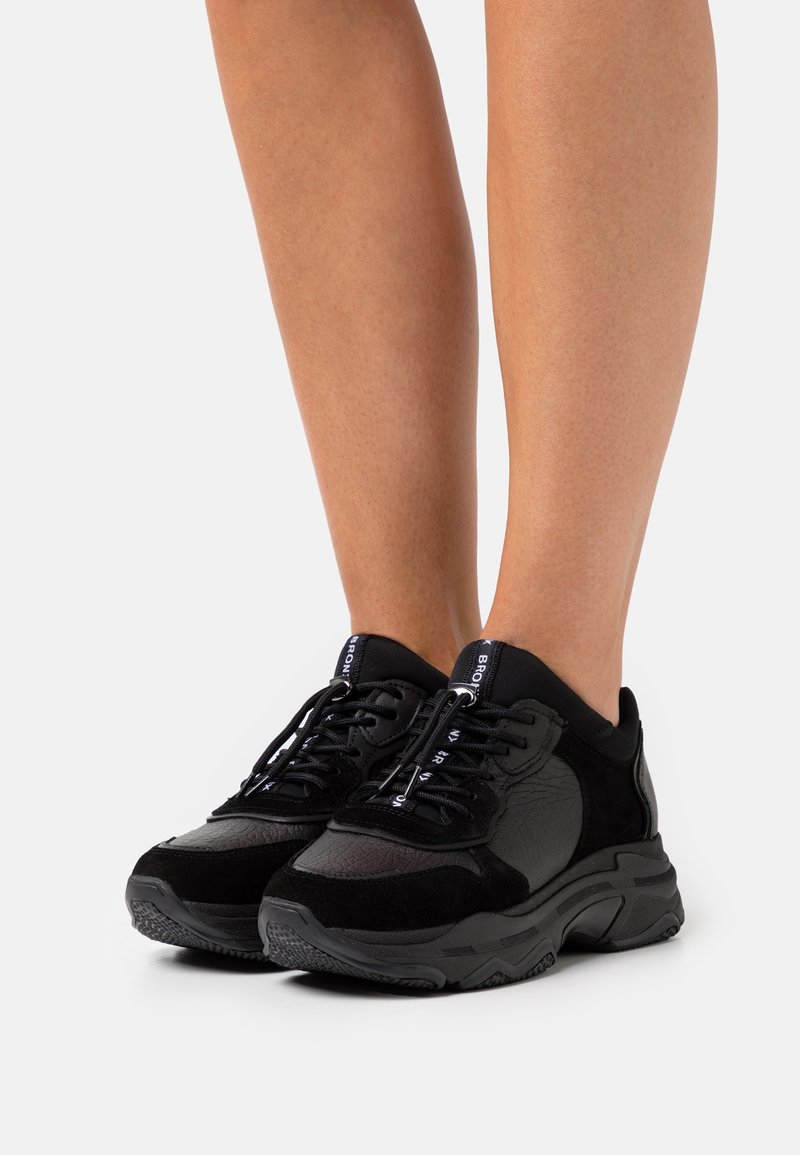 Paire de baskets épaisses noires portées sur jambes nues, avec des panneaux texturés, des semelles épaisses et des languettes de tirette siglées sur la languette.