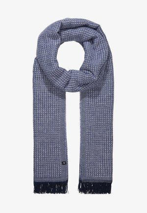 Écharpe tissée bleu et grise avec motif géométrique, extrémités à franges, nouée en boucle lâche.