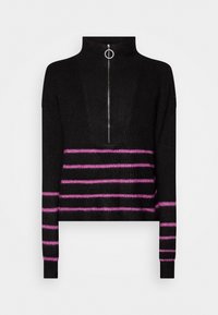 Schwarzer Pullover mit hohem Kragen, Frontreißverschluss und pinken horizontalen Streifen. Verfügt über ein strukturiertes Strickmuster und figurbetonte lange Ärmel.