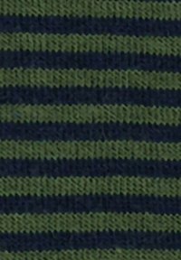 Tessuto lavorato a maglia caratterizzato da strisce orizzontali alternate in verde scuro e blu navy, con una finitura testurizzata e una sensazione liscia.