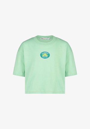 Minzgrünes Baumwoll-T-Shirt, kurze Ärmel, runder Ausschnitt, mit einem kreisförmigen "California Malibu"-Logo in Blau und Gelb.