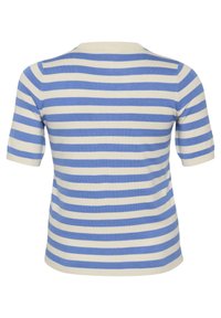Blau- und cremefarbener gestreifter kurzärmeliger Strickoberteil mit Rundhalsausschnitt. Der Stoff hat eine glatte Textur mit gleichmäßigen horizontalen Streifen.