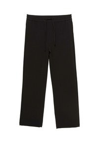 Pantalon de sport noir avec une coupe décontractée, taille élastique et cordon de serrage. Comprend des poches latérales et une texture lisse et douce.